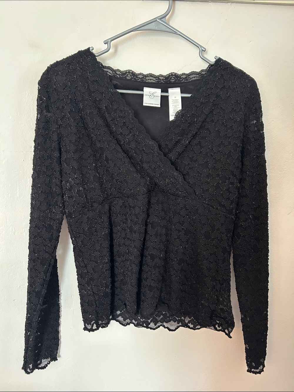Emma James Black Lace Wrap-Style Long Sleeve Blouse